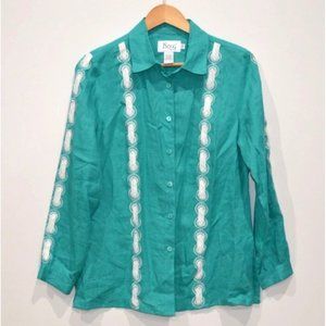 Size 8 Vintage JSong Linen Button Blouse,‎ Teal 80's 90's beach coastal